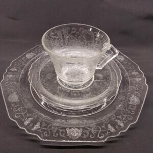 Hazel-Atlas Florentine #1 Depression Glass 3 Pc Set Cup, Saucer, Plate ~ 1930's